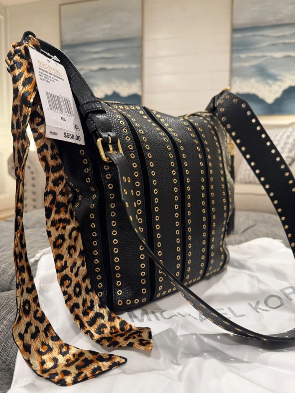 Michael Kors Brooklyn Black Grommet Leather Feedbag Crossbody NWT - Picture 3 of 17